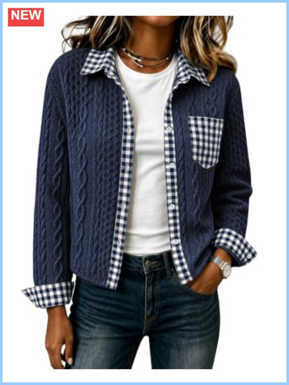 Cropped Denim Collared Bomber Jacket Cable Knit Shacket Women's Casual